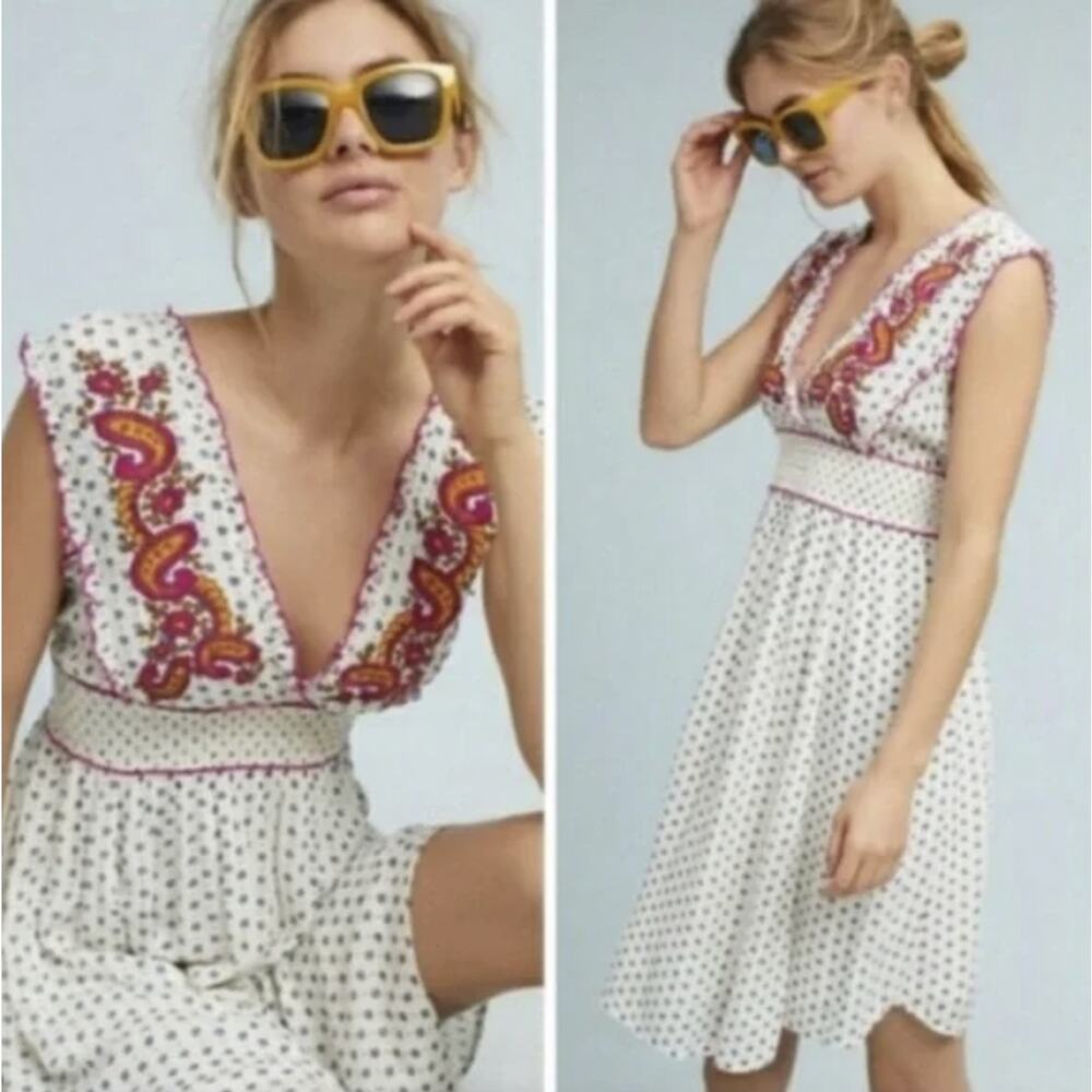 Lilka Maggie Embroidered Dress Sz M Anthropologie Boho Beach Gauze Lined Smocked